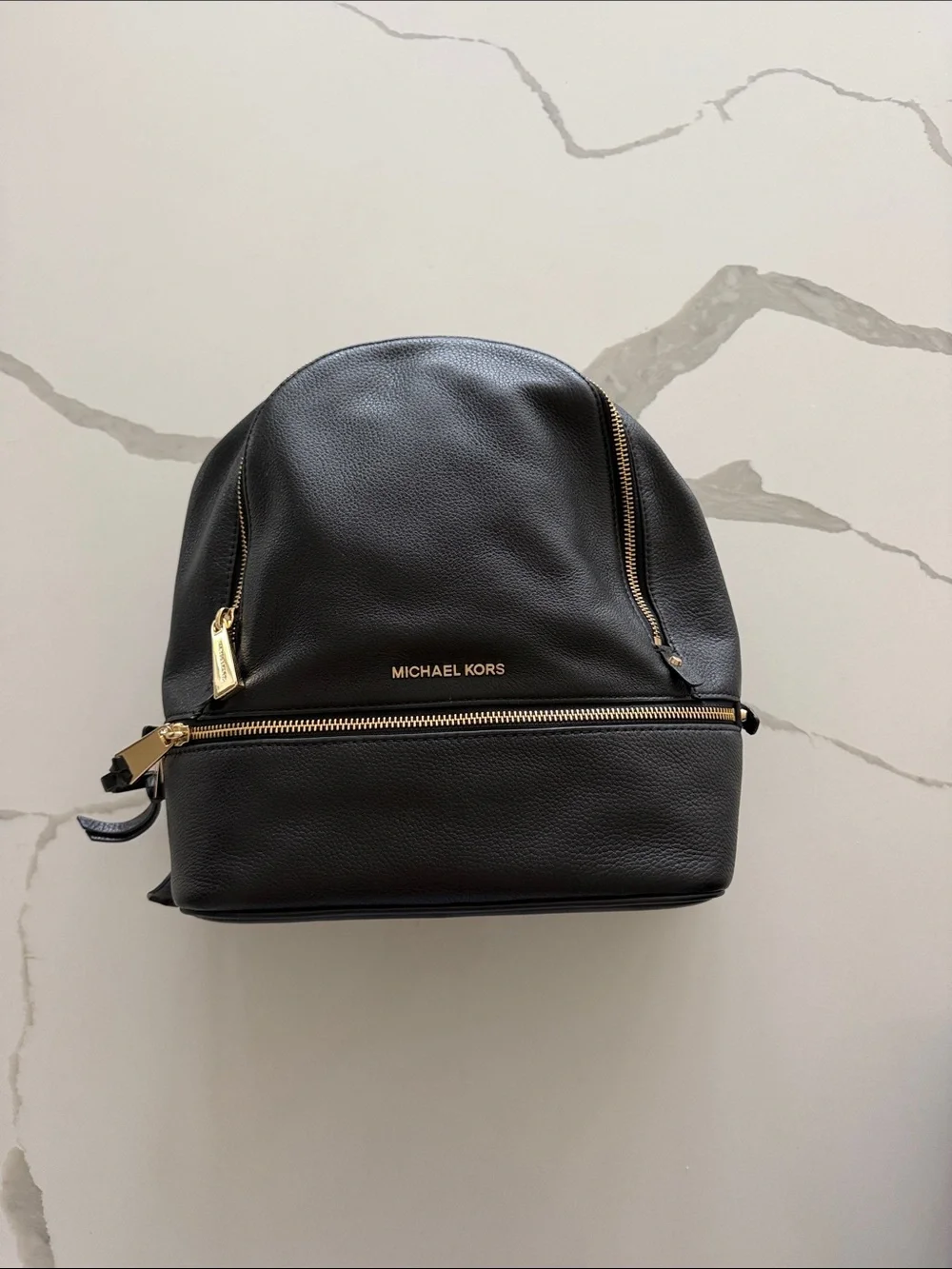 Michael Kors Black Leather Backpack with Gold Accents